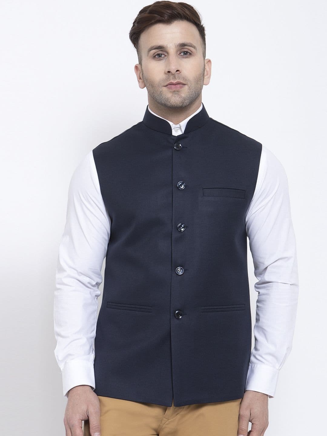 Badoliya & Sons Men Navy Blue Solid Nehru Jacket - view 1