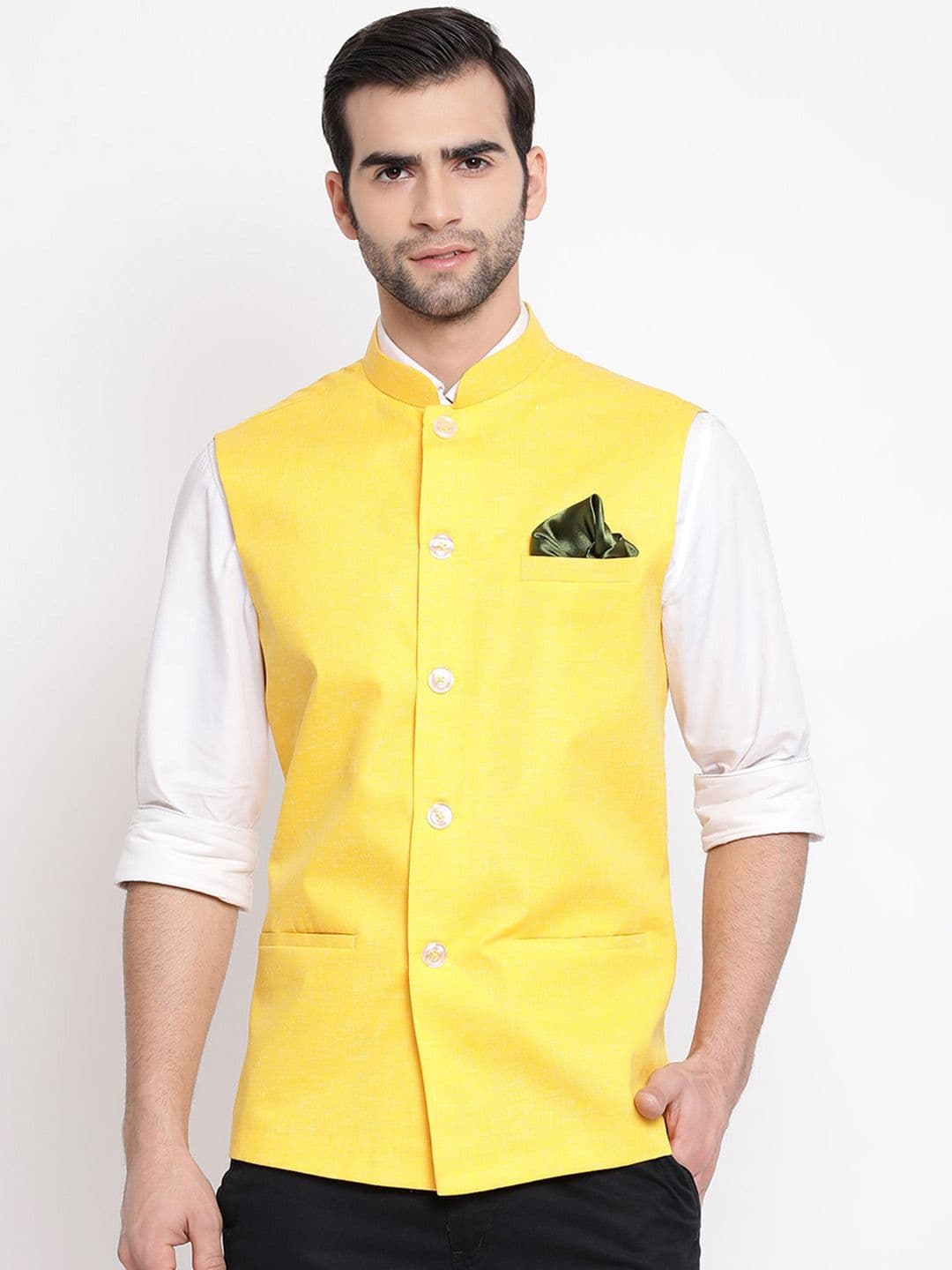 VASTRAMAY Men Yellow & White Woven Design Slim-Fit Nehru Jacket - view 1