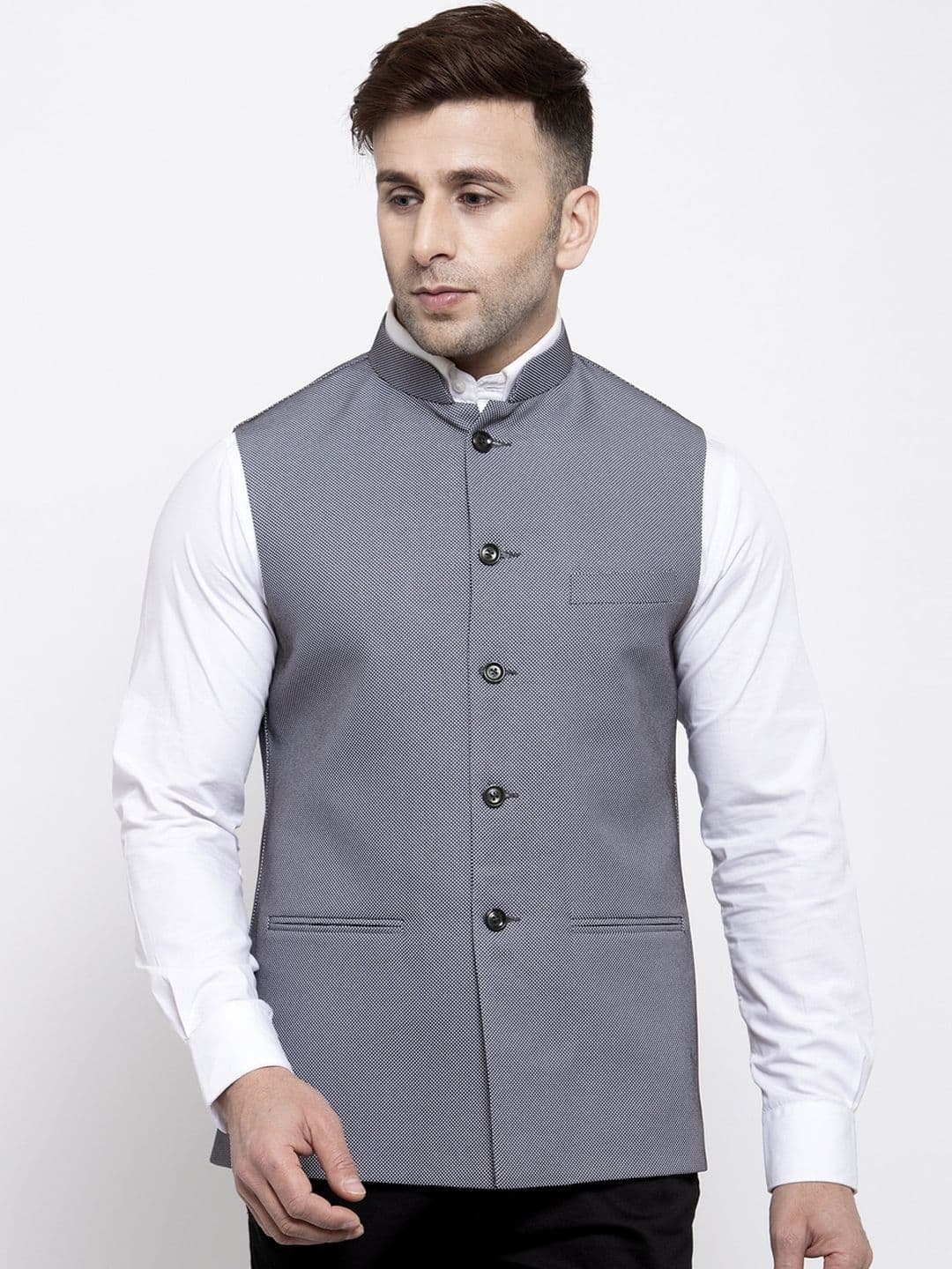 Wintage Men Grey Woven Design Satin Nehru Jacket - view 1