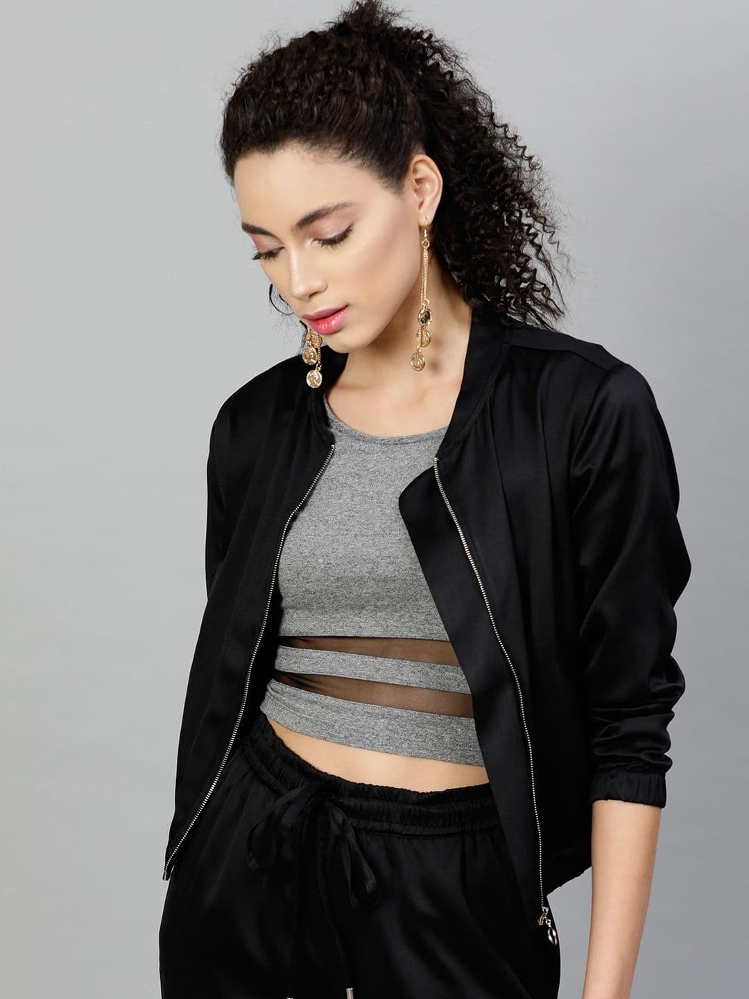 STREET 9 Women Black Solid Lightweight Bomber Jacket - view 1
