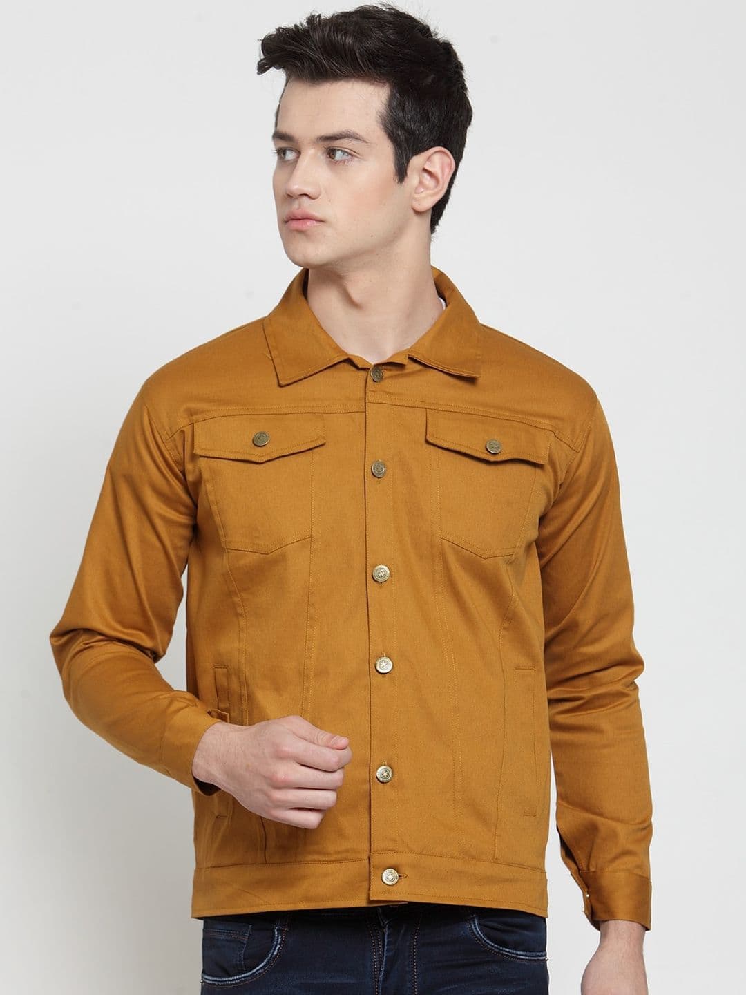 VOXATI Men Mustard Yellow Solid Denim Jacket - view 1