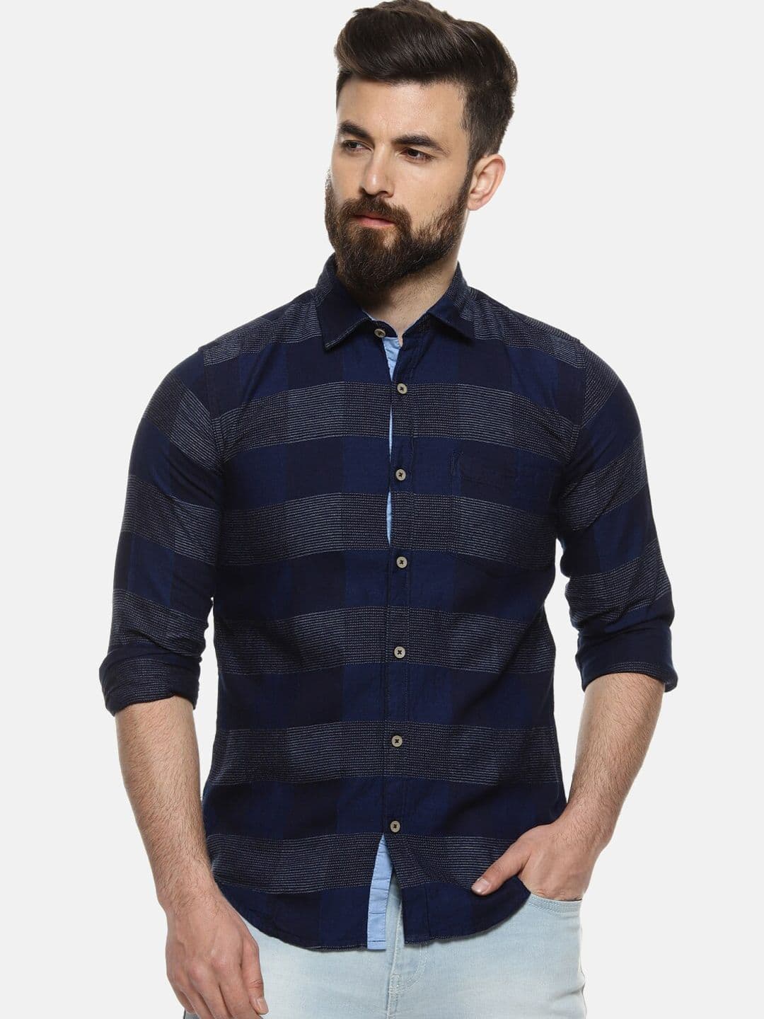 CAHOOT Men Navy Blue & Grey Regular Fit Checked Casual Shirt - view 1