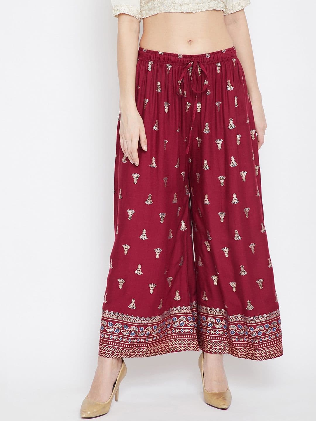 Clora Creation Women Maroon & Gold-Toned Printed Flared Palazzos - view 1