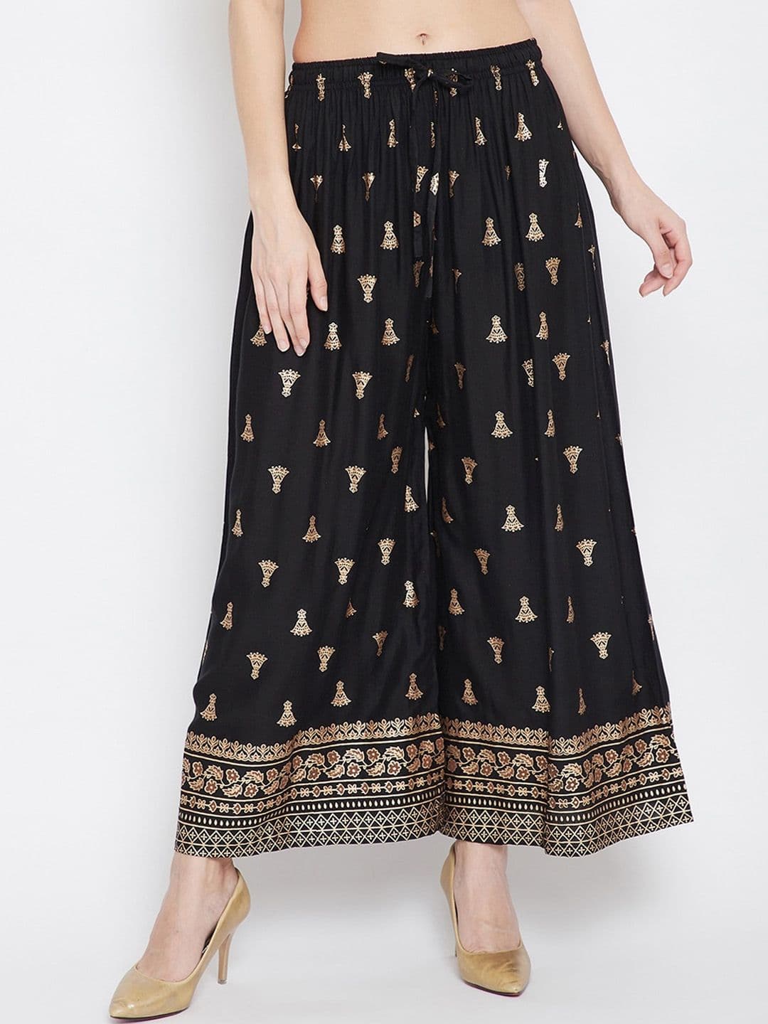 Clora Creation Women Black & Gold-Toned Printed Flared Palazzos - view 1