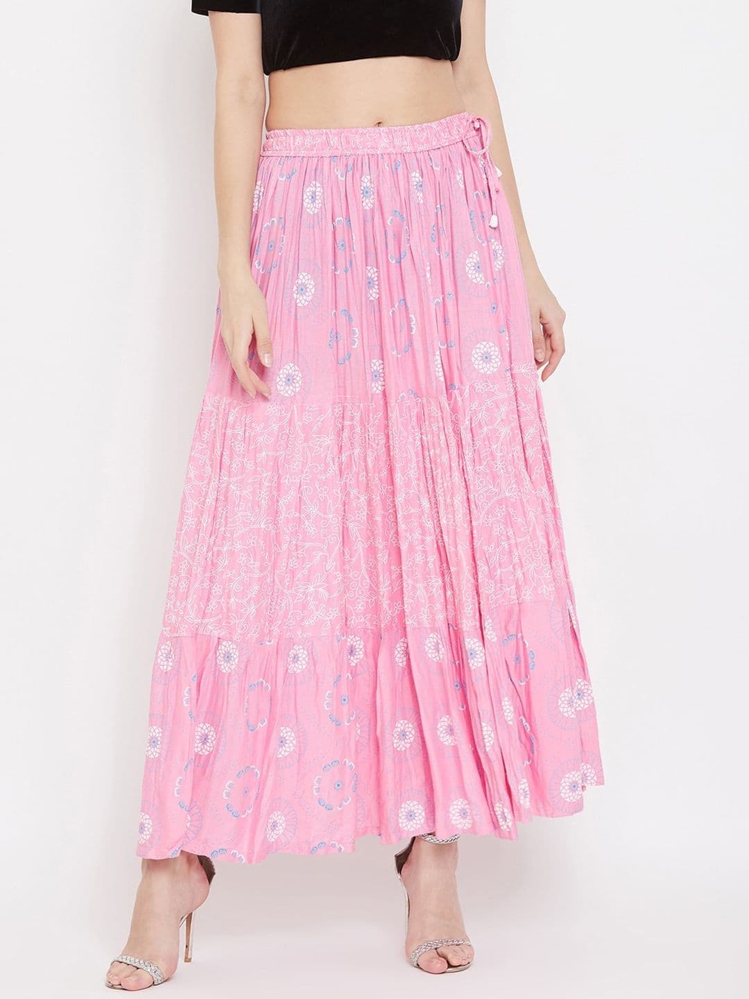 Clora Creation Women Pink & Blue Floral Printed Flared Maxi Tiered Skirt - view 1