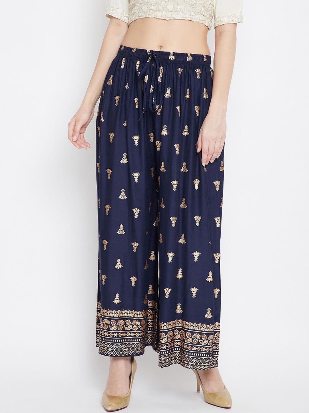 Clora Creation Women Navy Blue & Gold-Toned Printed Wide Leg Palazzos - view 1