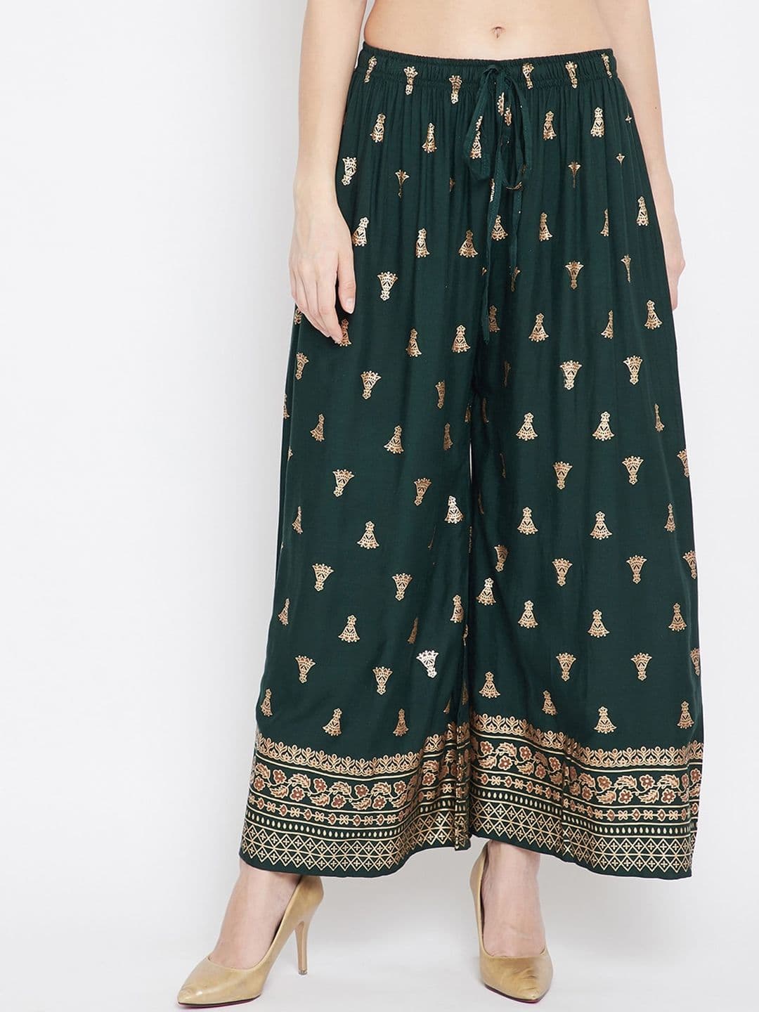 Clora Creation Women Green & Gold-Toned Printed Flared Palazzos - view 1