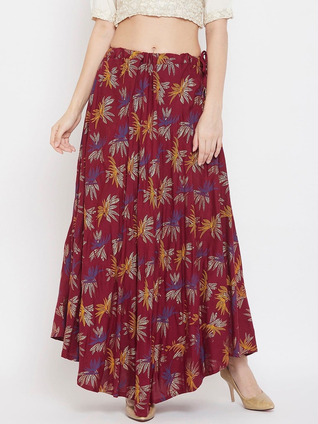 Clora Creation Women Maroon & Blue Printed Flared Maxi Skirt - view 1