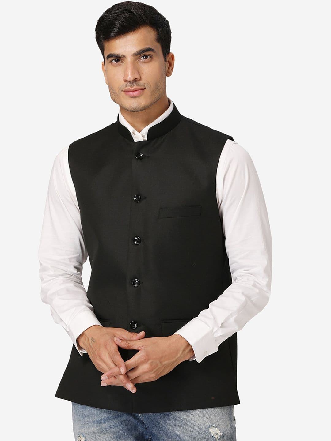 Wintage Men Black Solid Satin Nehru Jacket - view 1