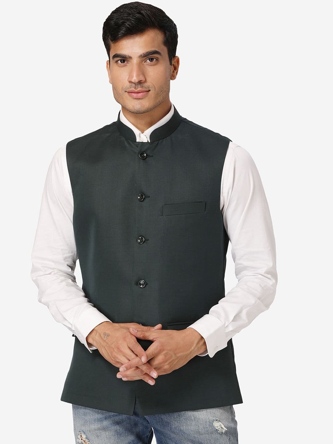 Wintage Men Green Solid Satin Nehru Jacket - view 1