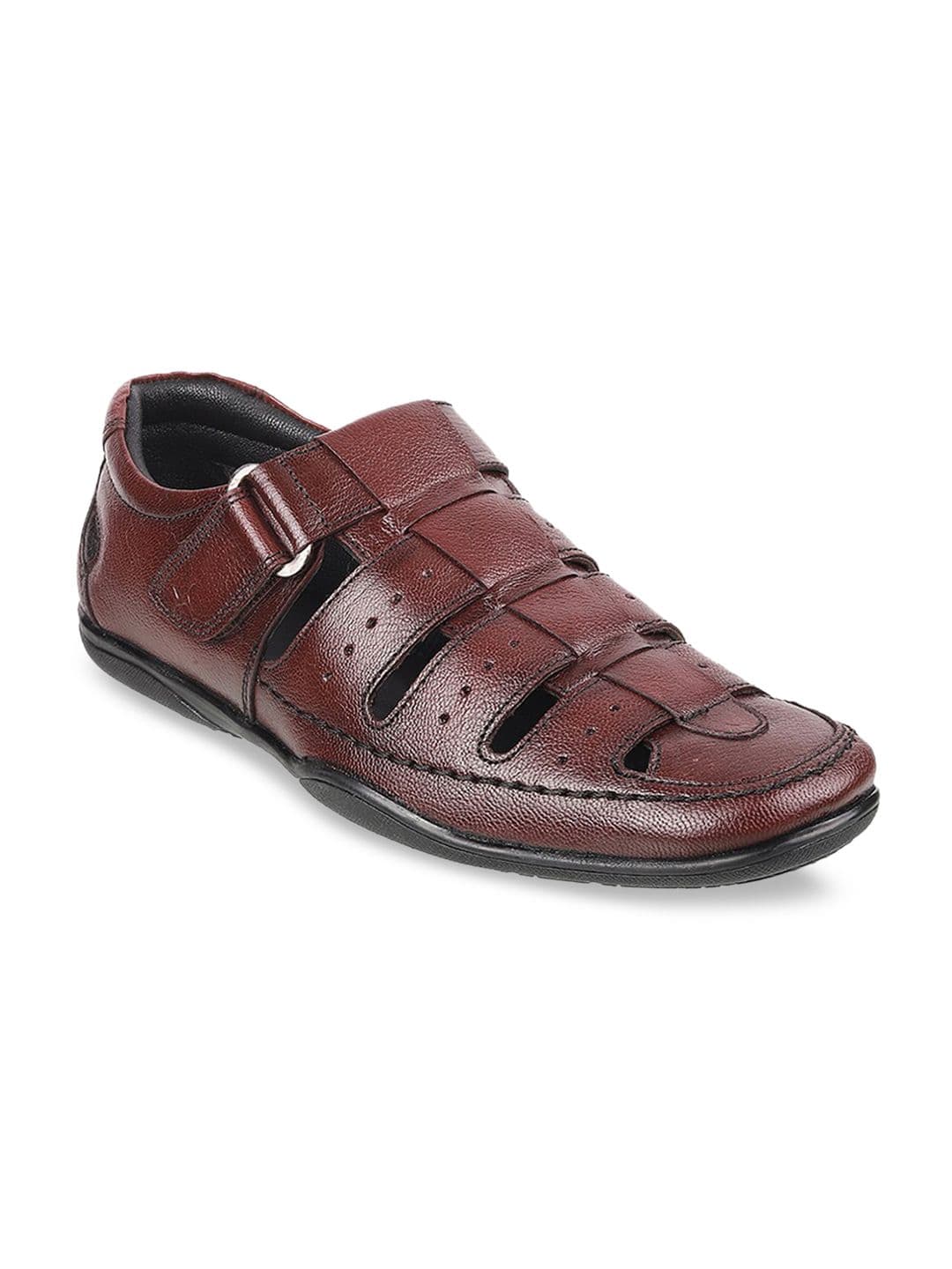 Mochi Men Maroon & Black Leather Fisherman Sandals - view 1