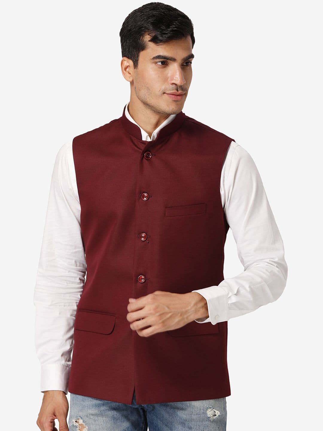 Wintage Men Maroon Solid Nehru Jacket - view 1