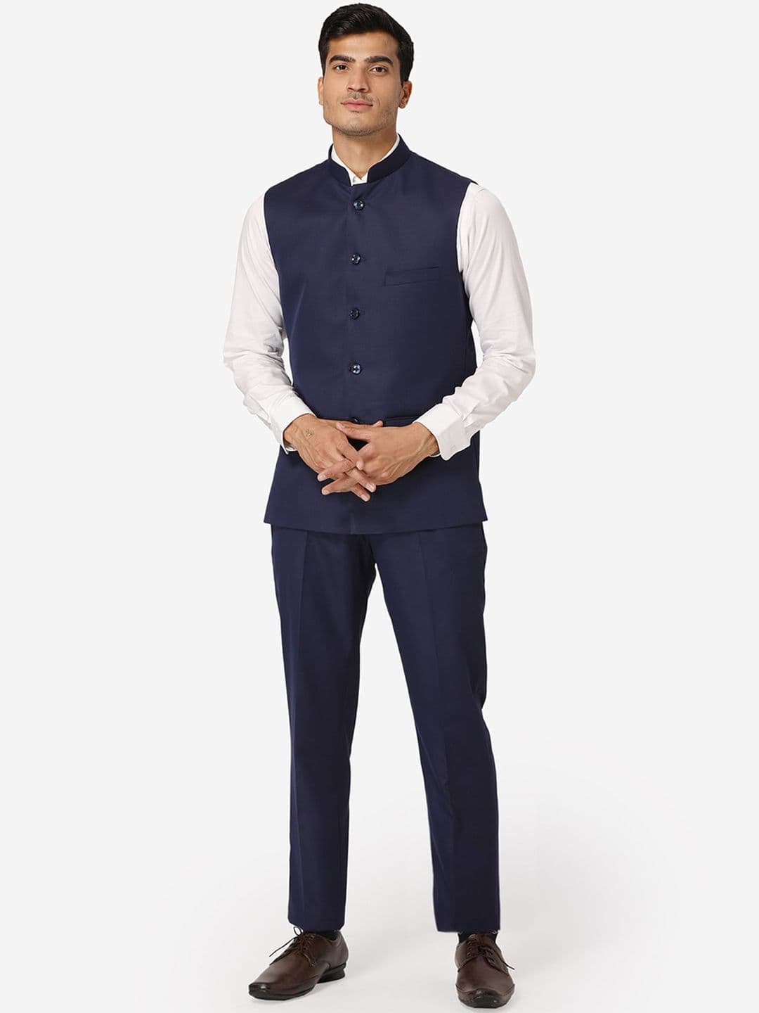 Wintage Men Navy Blue Solid Bandhgala Formal Two-Piece Suit