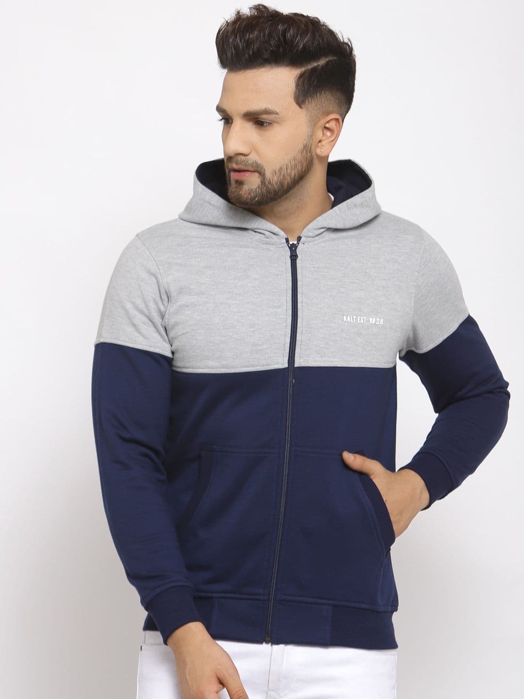 Kalt Men Navy Blue & Grey Colourblocked Fleece Bomber Jacket - view 1