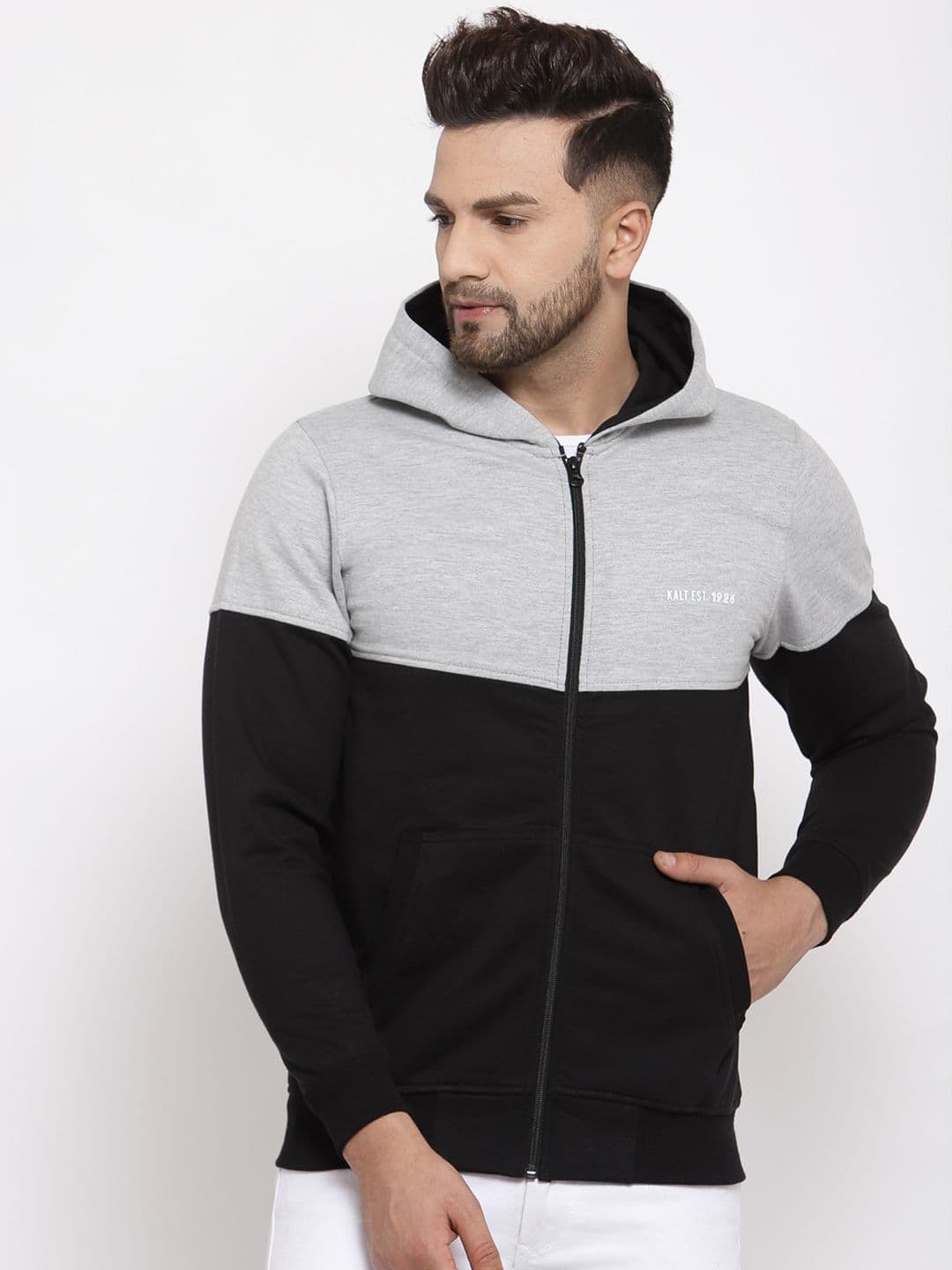 Kalt Men Black & Grey Colourblocked Fleece Tailored Jacket - view 1