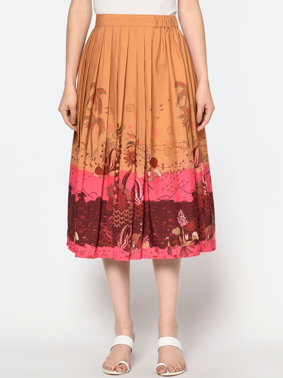 BLANC9 Women Brown & Pink Printed Flared Midi Skirt - view 1