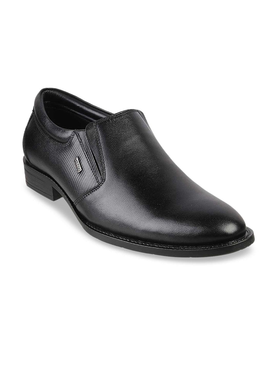 Metro Men Black Solid Leather Formal Slip-Ons