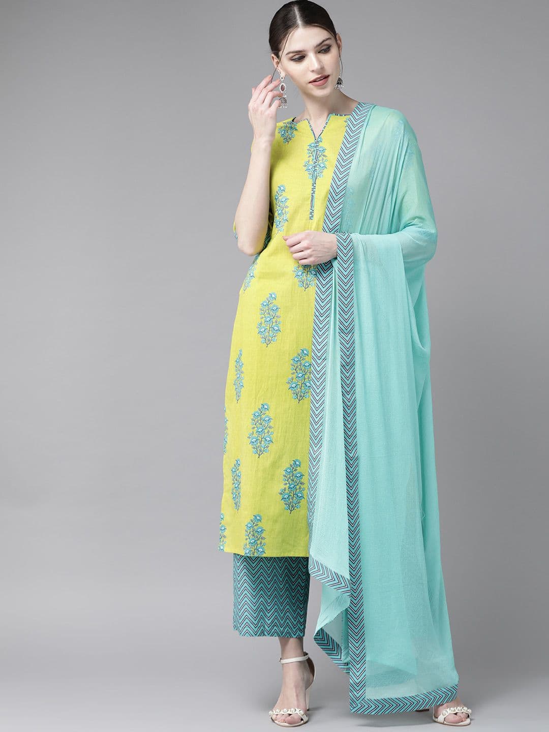 Libas Women Green Floral Printed Pure Cotton Kurta with Trousers & With Dupatta - view 1