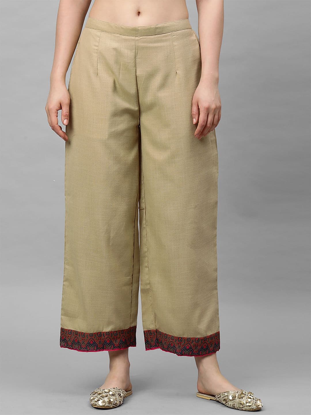 Indo Era Women Beige Hem Design Straight Palazzos - view 1