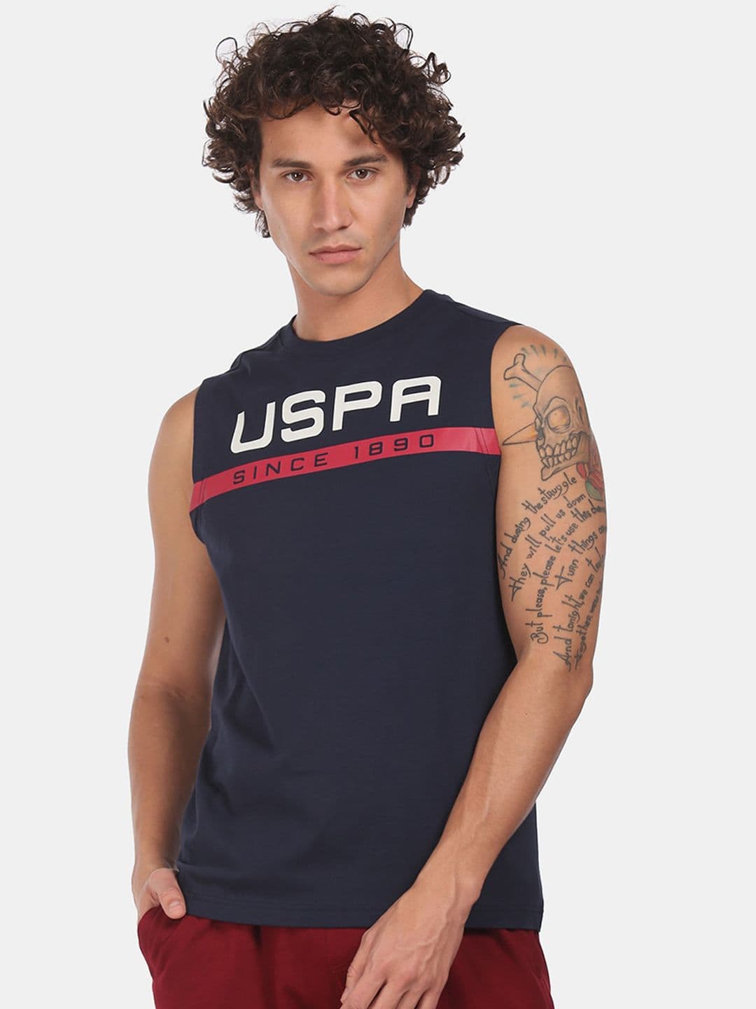 U.S. Polo Assn. Men Navy Blue & White Graphic Printed Cotton Lounge T-shirt - view 1