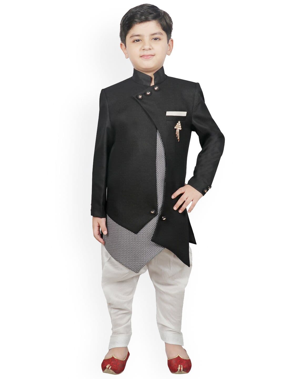 SG YUVRAJ Boys Black & Grey Solid Sherwani Set - view 1
