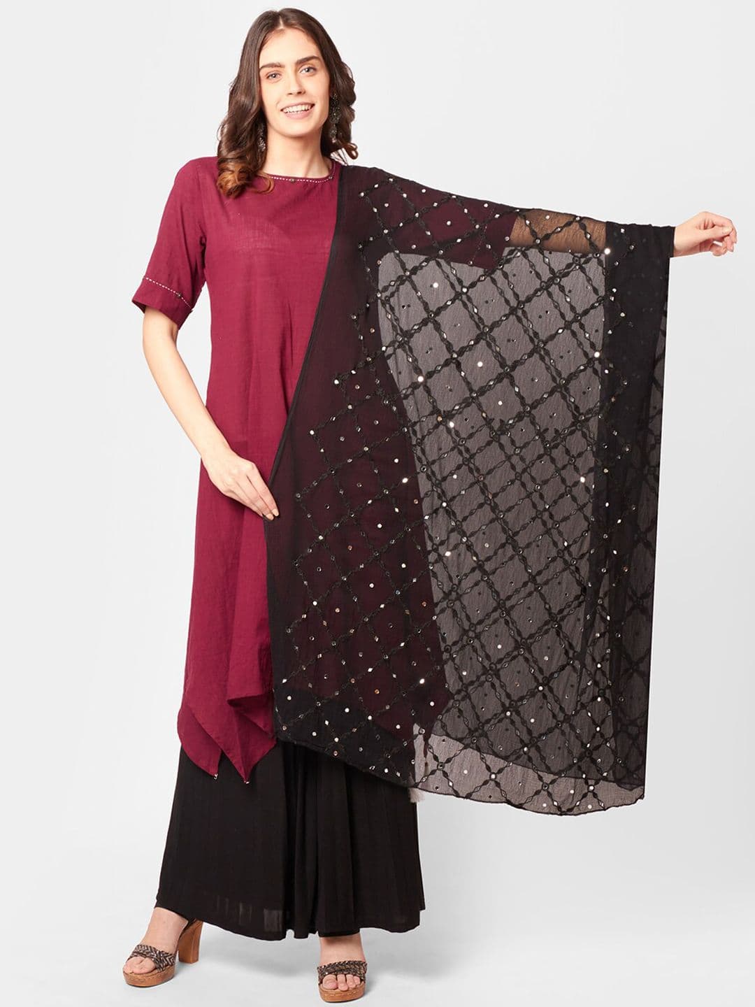 Dupatta Bazaar Black & White Embroidered Dupatta with Mirror Work - view 1