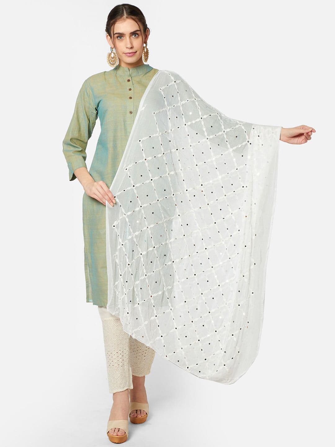 Dupatta Bazaar White Ethnic Motifs Embroidered Dupatta - view 1