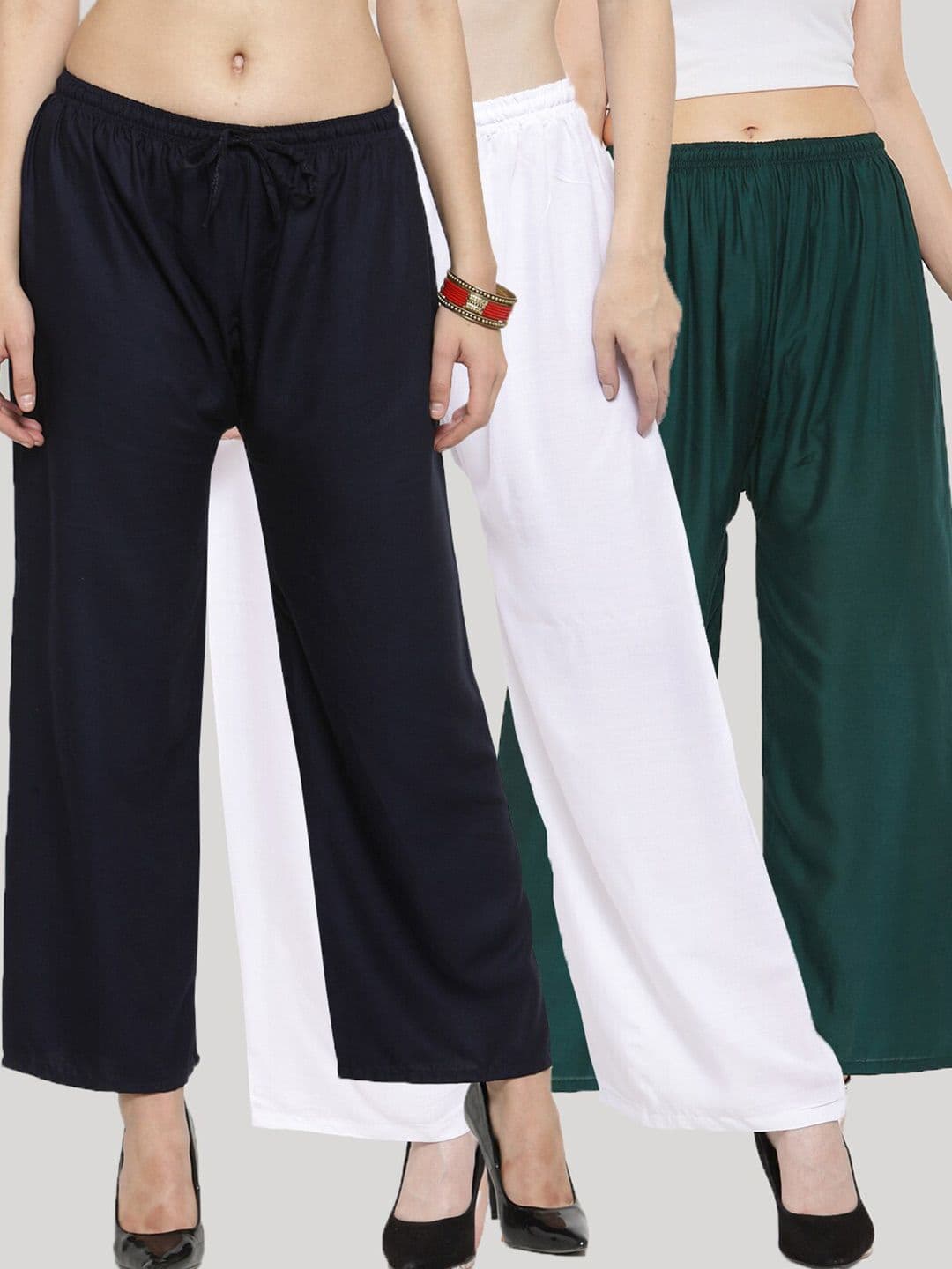 Clora Creation Women White & Navy Blue 3 Knitted Palazzos - view 1