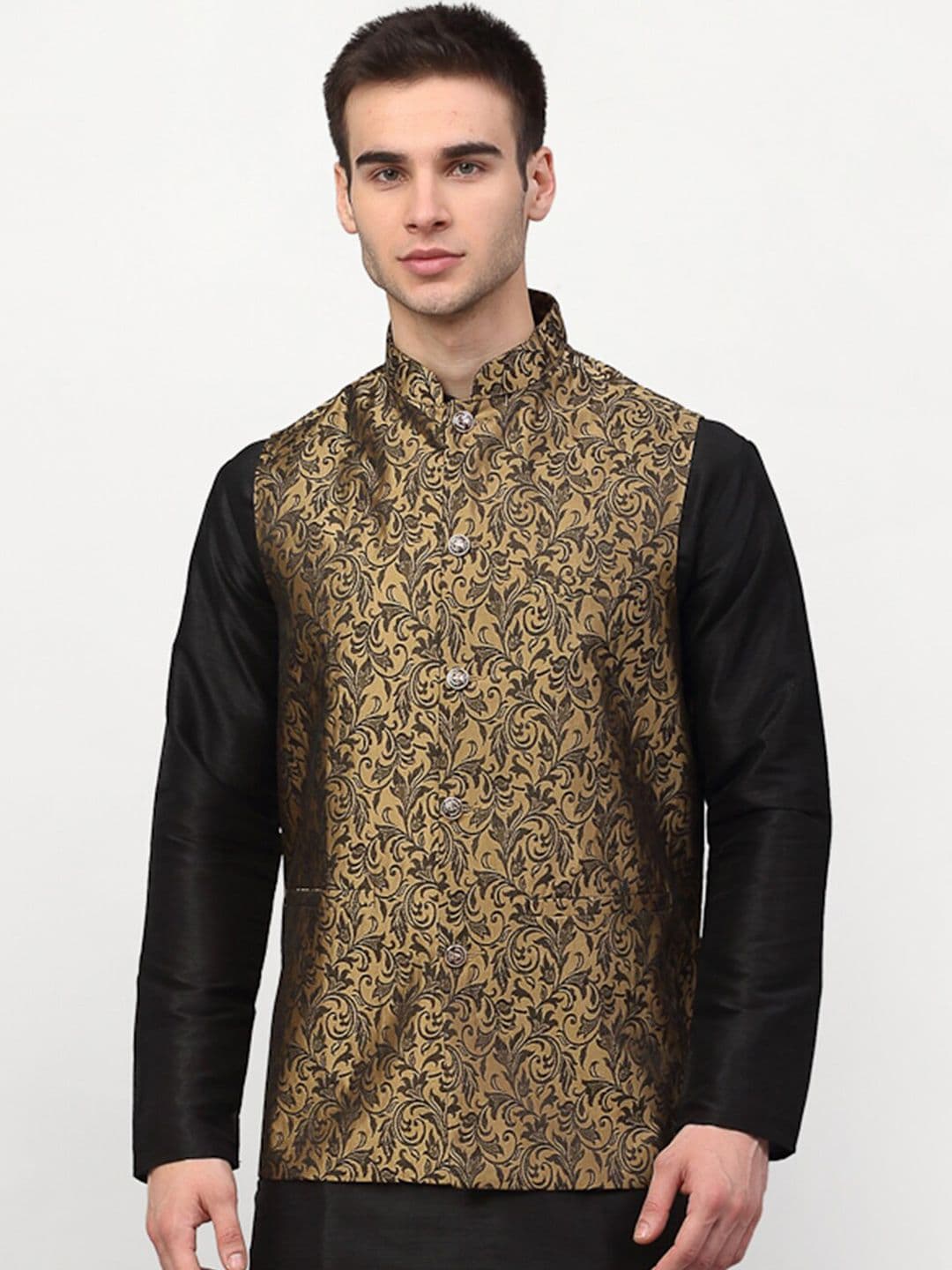 Jompers Men Gold-Coloured & Black Woven-Design Nehru Jacket - view 1