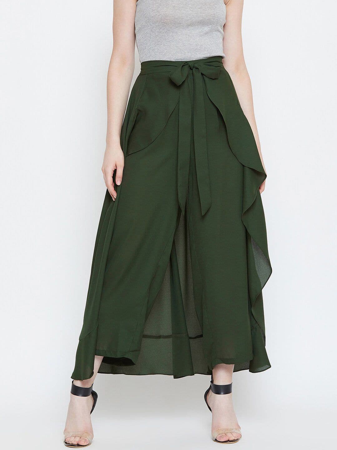 La Zoire Women Olive Green Flared Georgette Palazzos - view 1